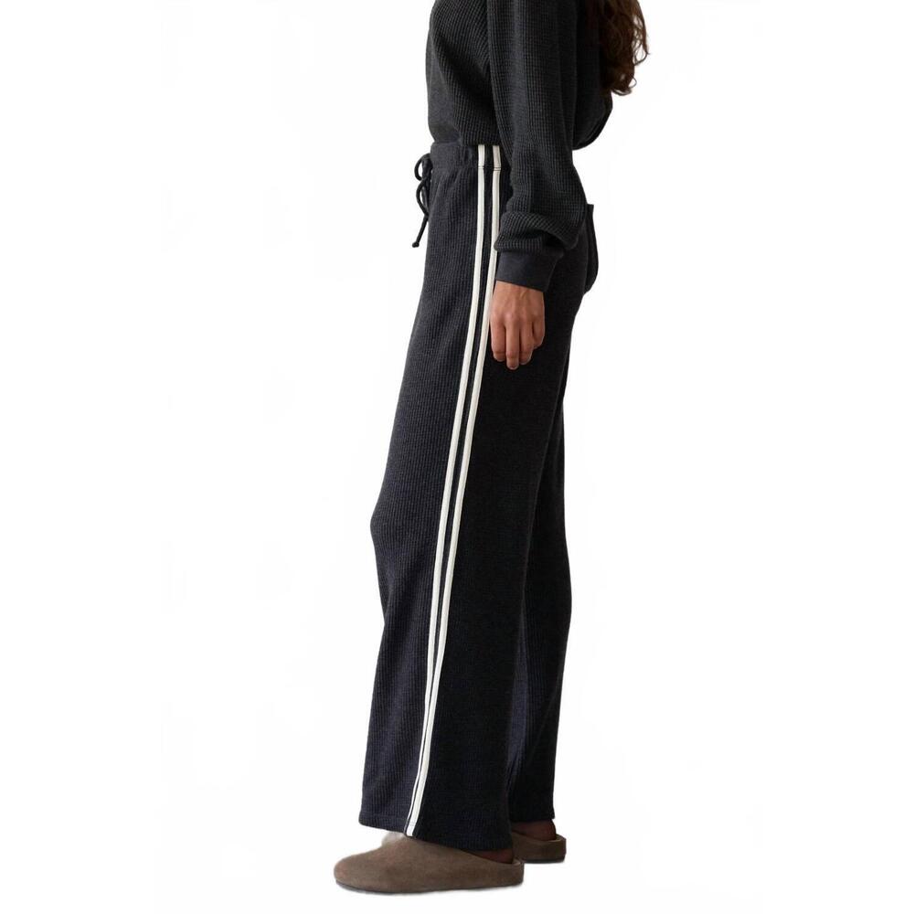 DONNI. Black Straight-Leg Knit Pants with White Side Stripes - Picture 4 of 4
